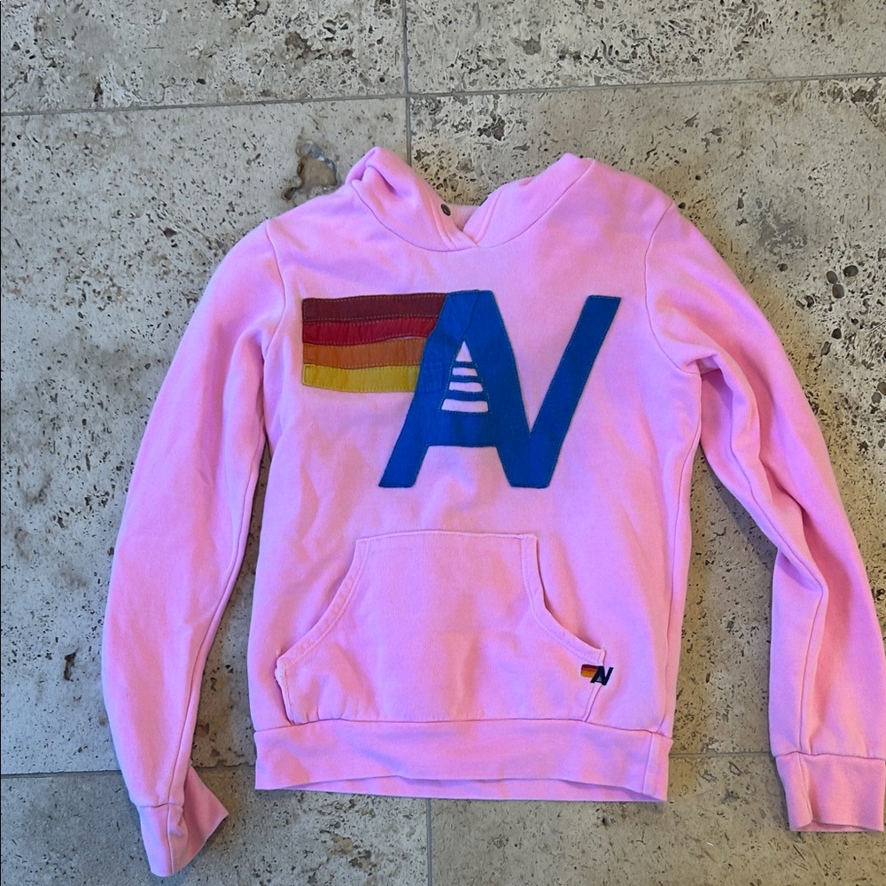 Aviator Nation Pink Hoodie with Blue and Rainbow Accents